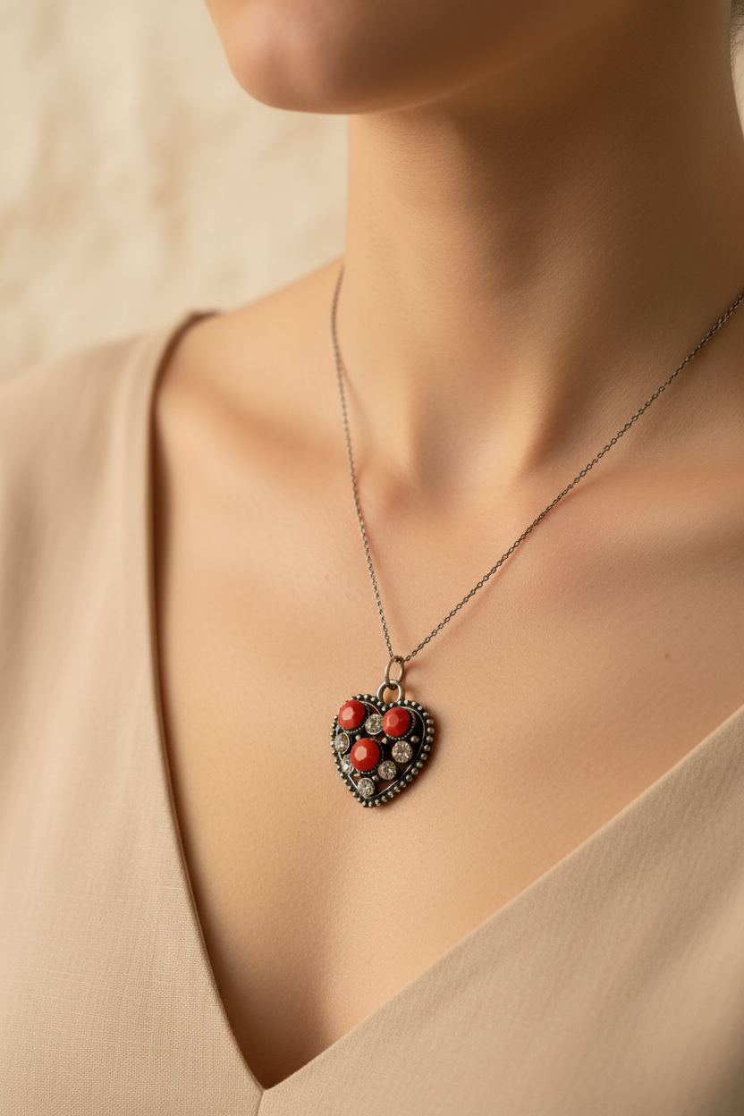 Collier Cœur Corail porté