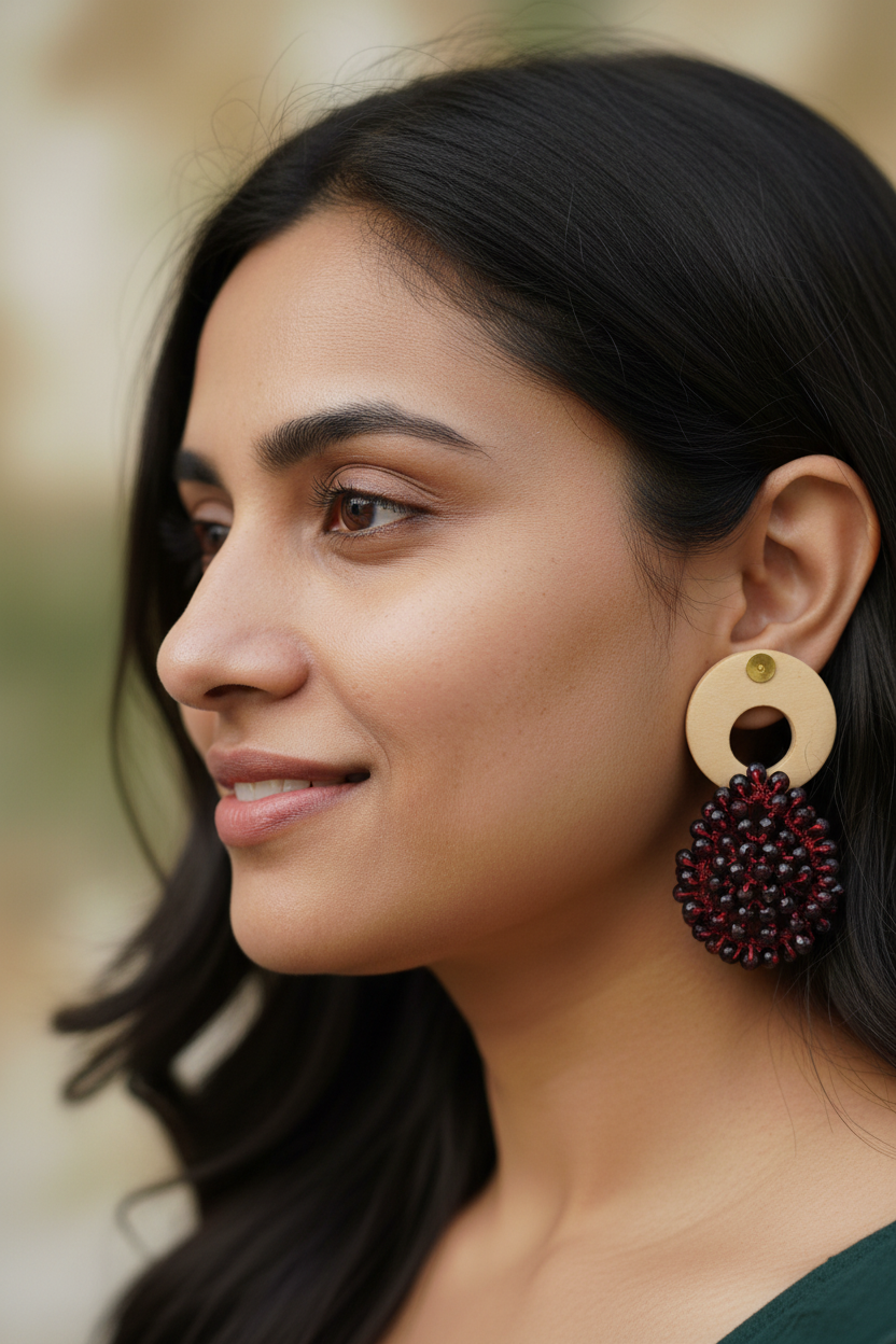 Boucles d'Oreilles Bois & Perles Bordeaux