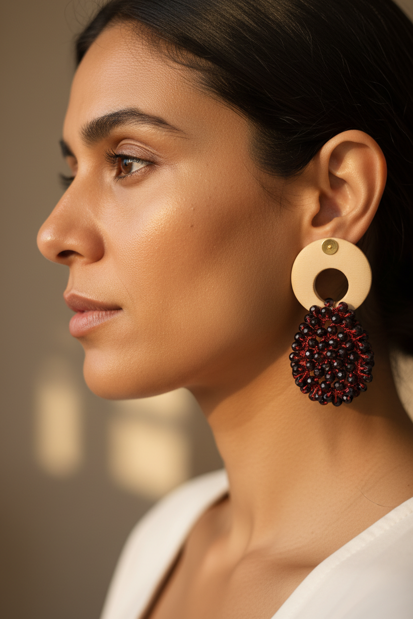 Boucles d'Oreilles Bois & Perles Bordeaux