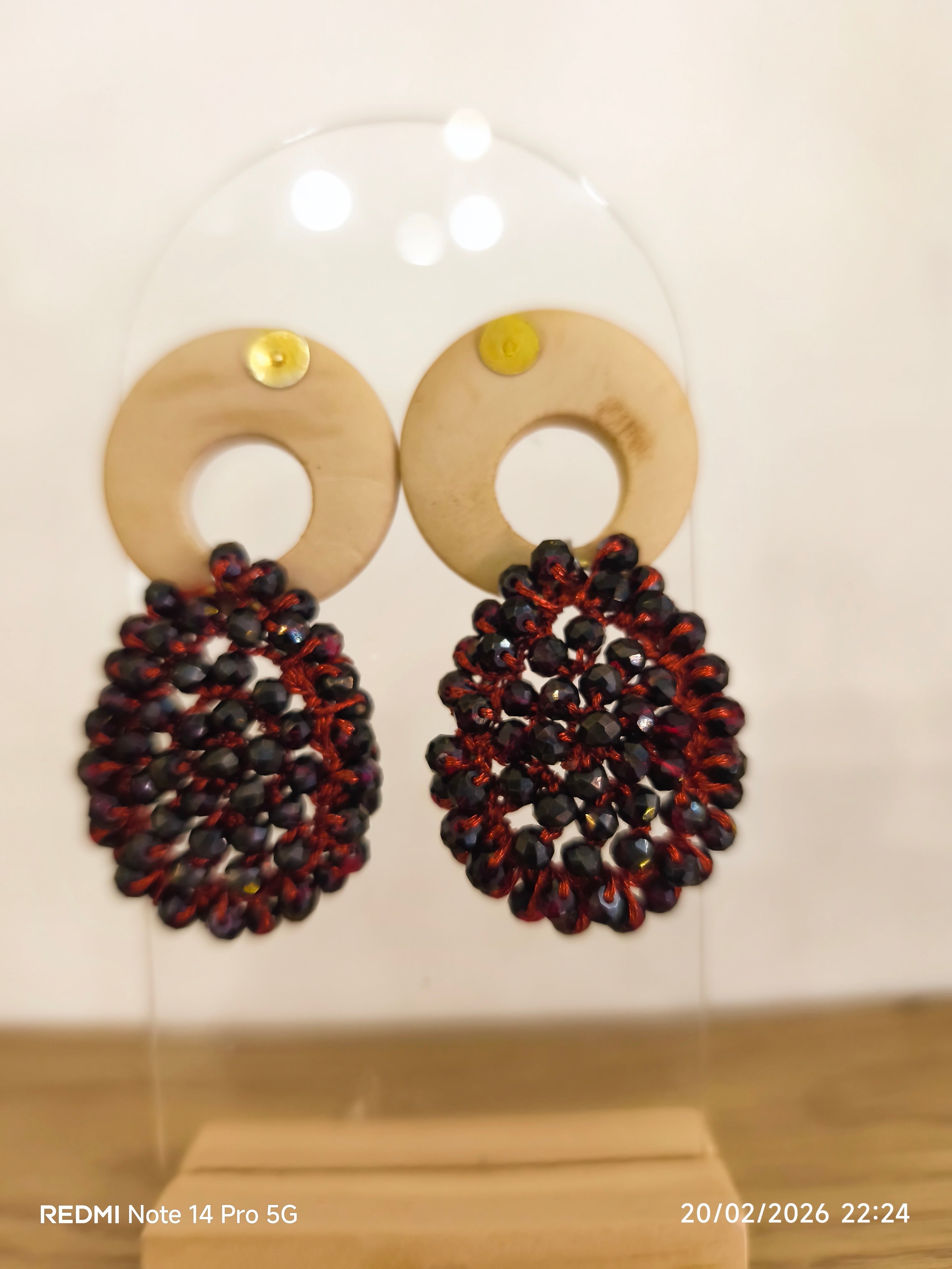 Boucles d'Oreilles Bois & Perles Bordeaux