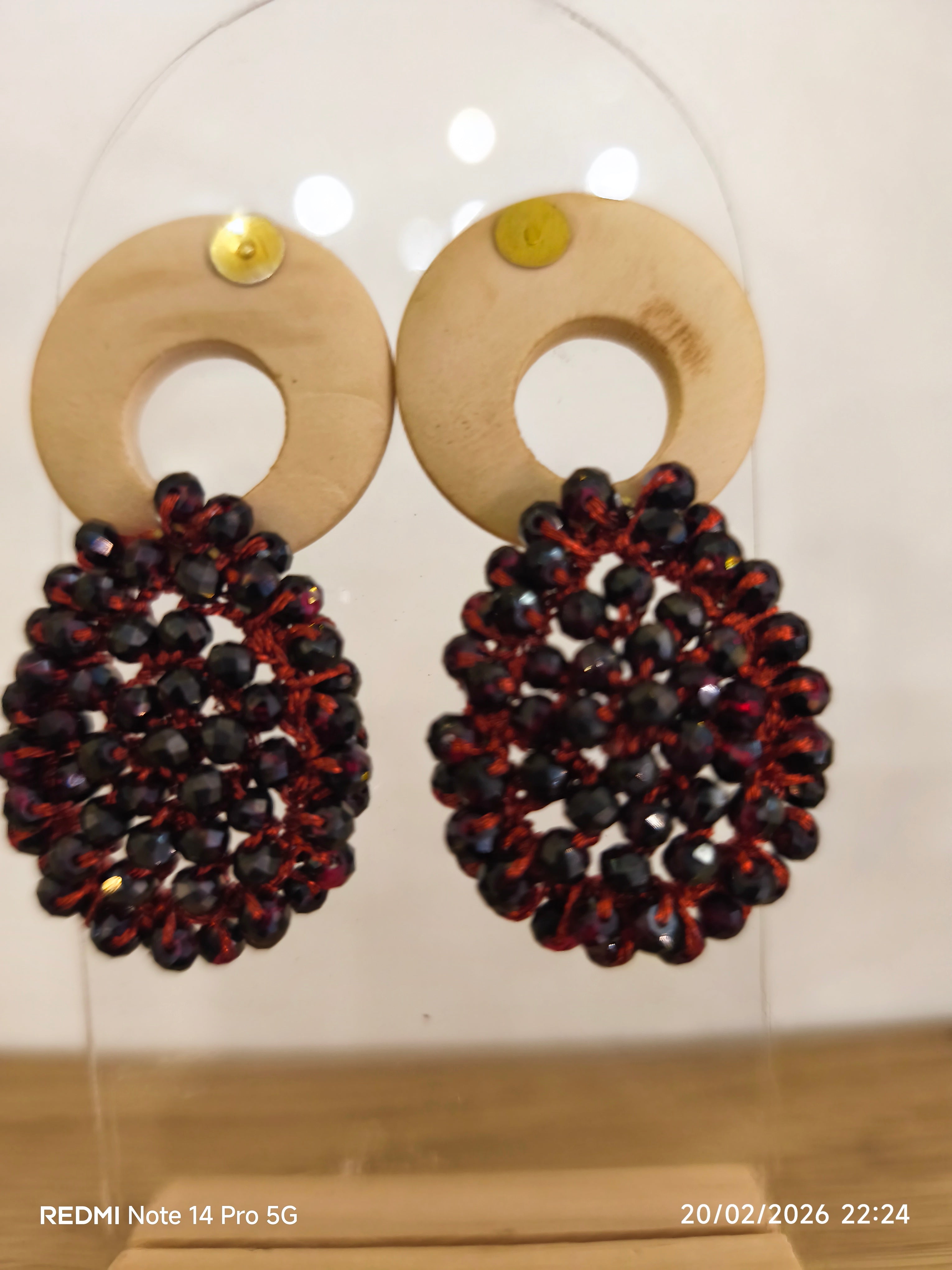 Boucles d'Oreilles Bois & Perles Bordeaux
